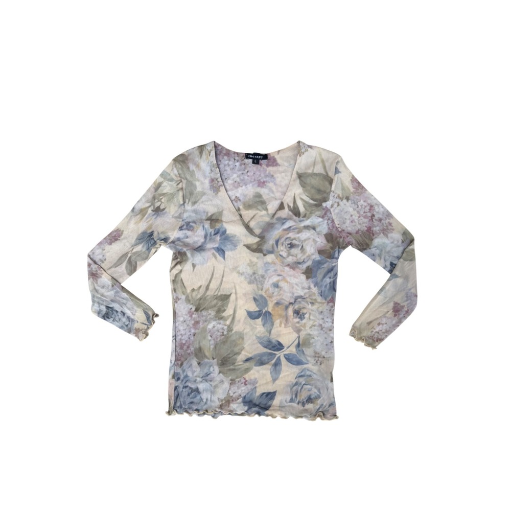 Therapy Womens Large Floral Mesh V-Neck Long Sleeve Lettuce Edge Top Multicolor